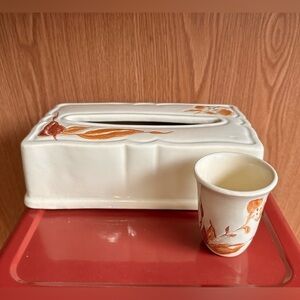 Vtg Royal Haeger 2 Piece Bathroom Set Tissue Cover Cup Ceramic Ivory Cream MCM